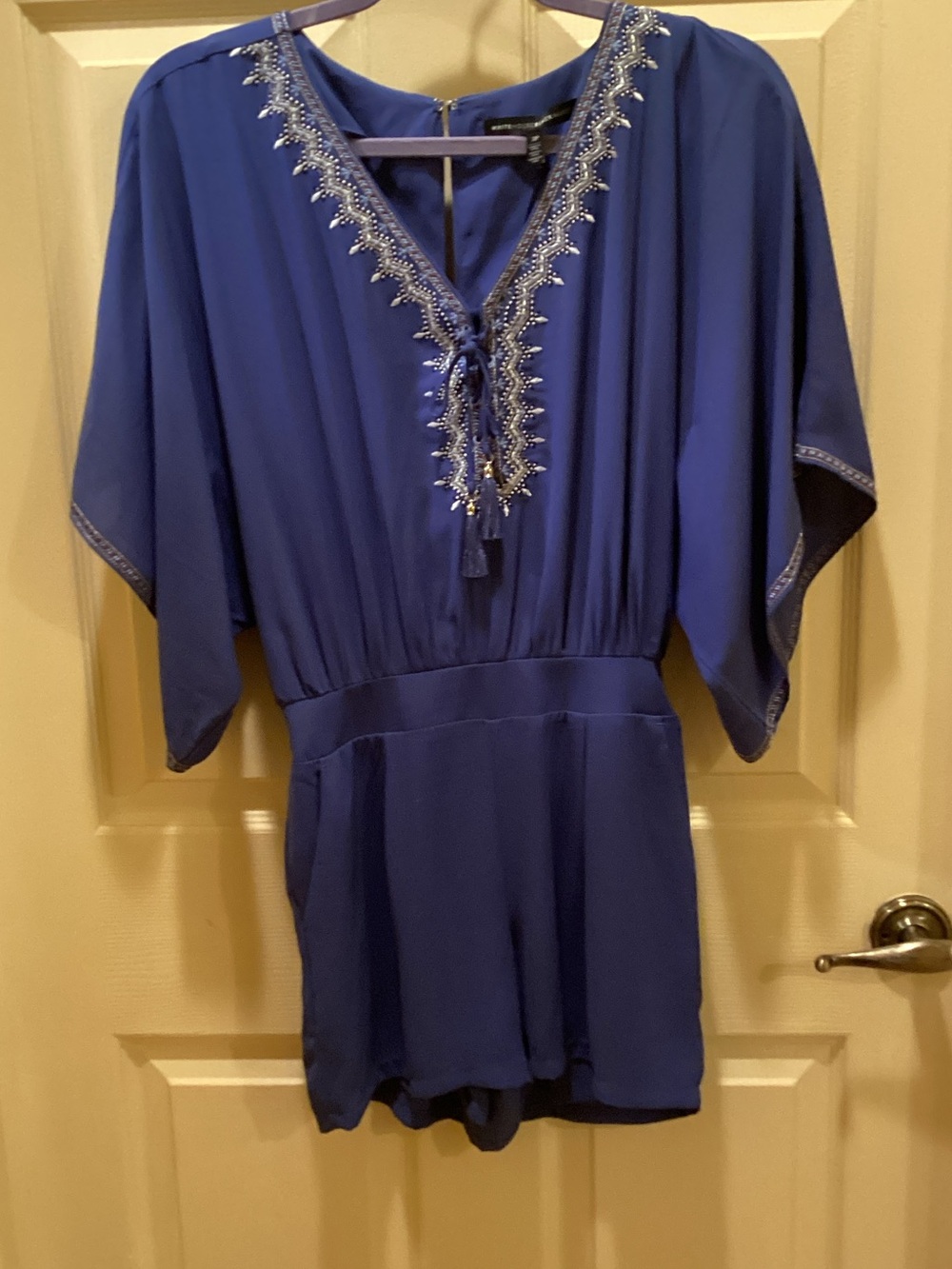 White House Black Market Royal Blue Embroidered V-Neck Romper
